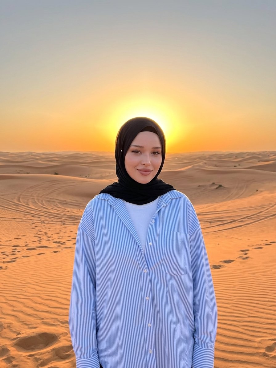 Hijabi woman photoshoot in desert with sunset background