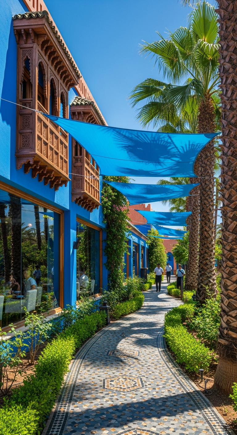 Sun-drenched outdoor walkway in a Mediterranean-style courtyard